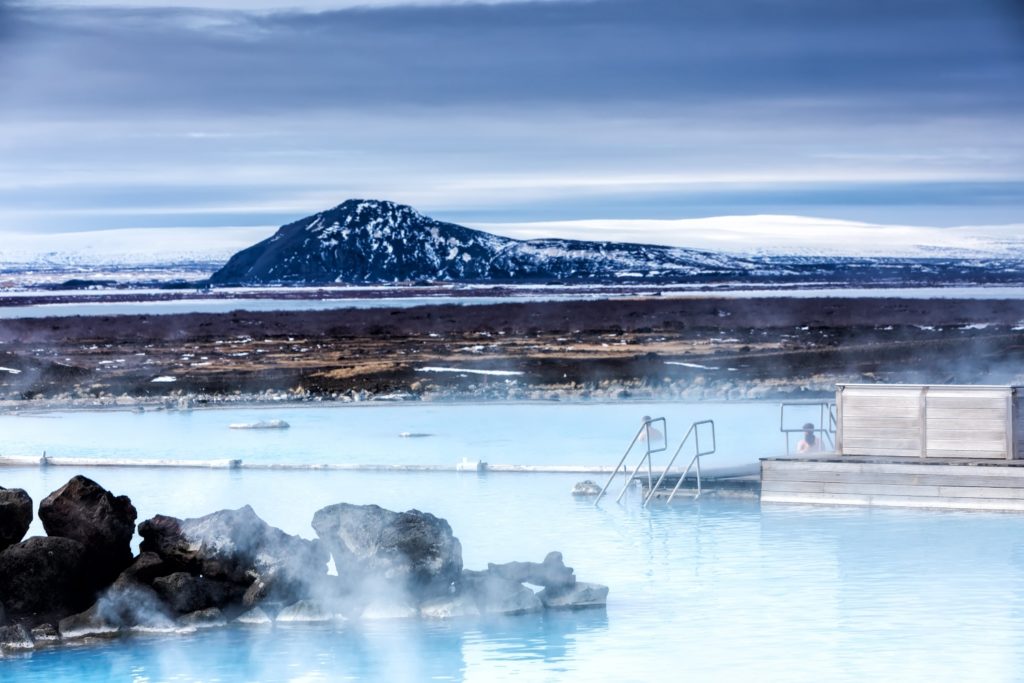 View of the Myvatn Naturebaths, a geothermal hot lagoon in Northeast Iceland