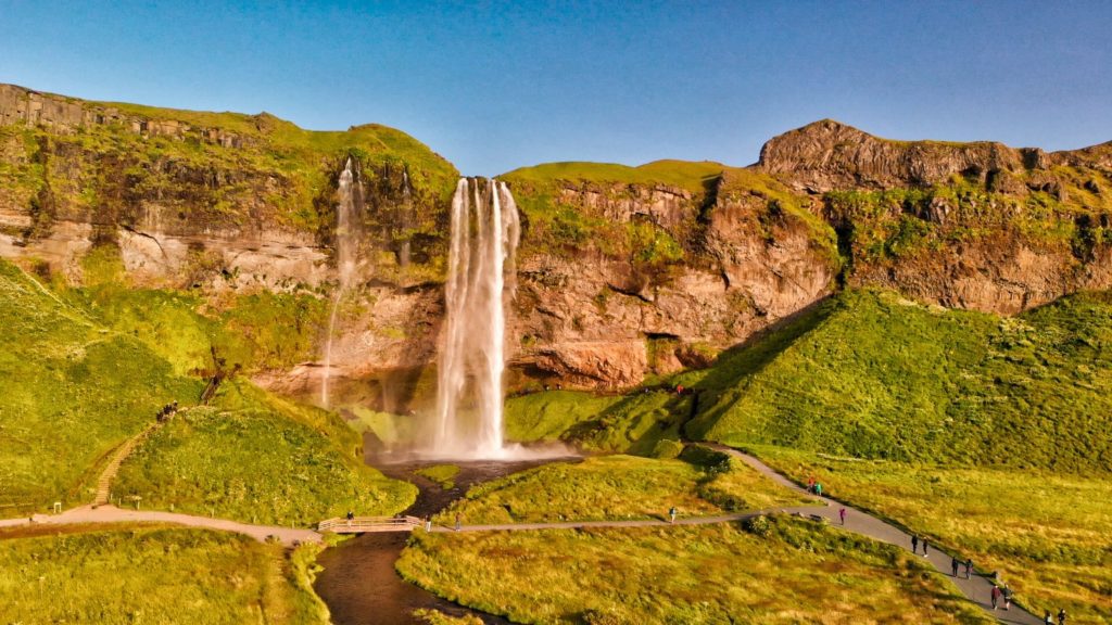 Seljaland Waterfalls on a sunny summer day, Iceland.