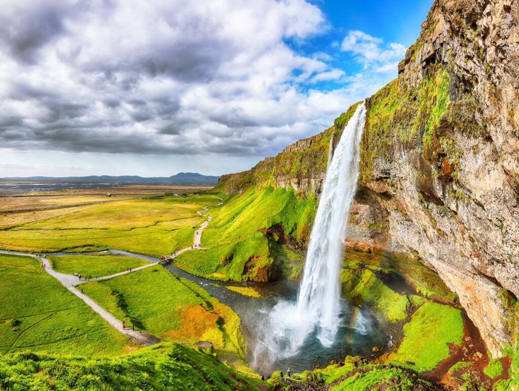 Breathtaking Seljalandsfoss waterfall in Iceland during the sunny day