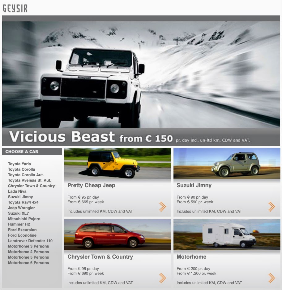 Geysir Car Rental Webpage Screenshot
