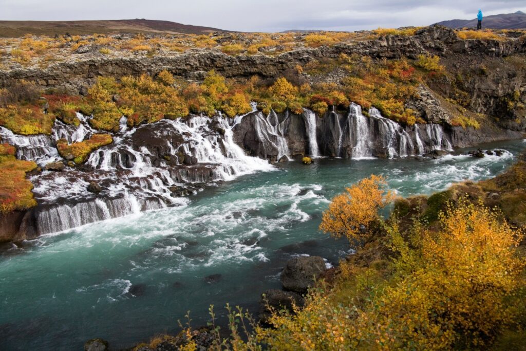 Hraunfossar Waterfalls and the Hvita River in Husafell, Iceland