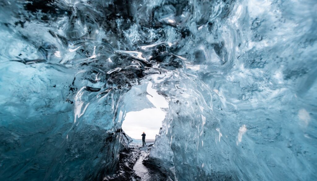 inside a glacier cave in iceland