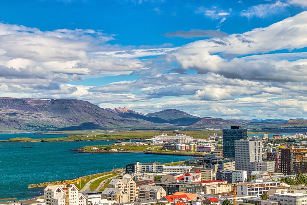 Aerial shot of the cityscape of Reykjavik on the coast of Iceland