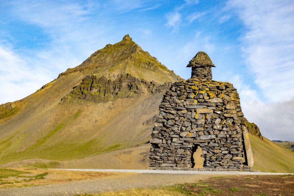 Beautiful view of the Saga monument in Arnarstapi, Iceland